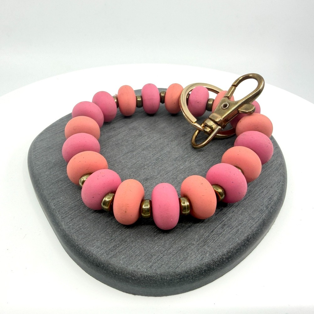 Pink & Coral Beaded Wristlet Keychain Bracelet Boho Style Brass Tone Hardware